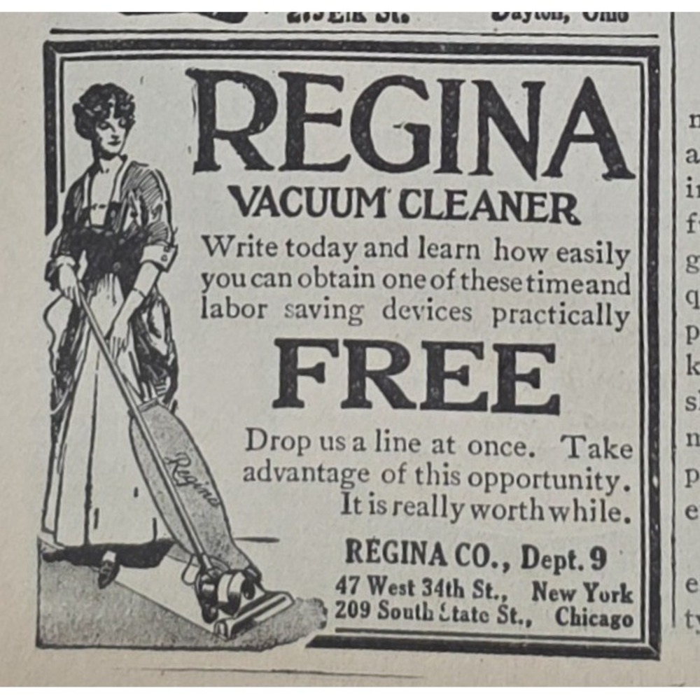 1917 Regina Vacuum Cleaner Print Ad Antique Paper Ephemera New York Chicago